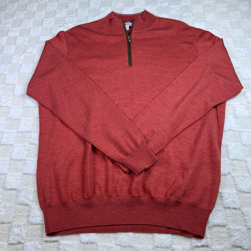 Peter Millar Mens Large Red Merino Wool Lyocell Quarter Zip Pullover Sweater